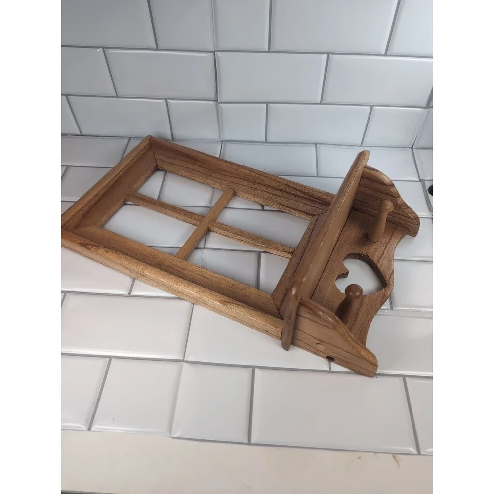 Vintage Window Wooden Wall Display Shelf Trinket W/Heart Cutout And Pegs cottage